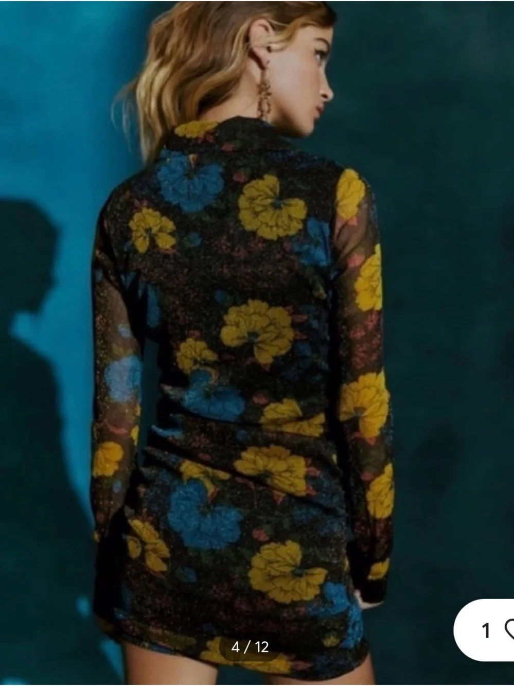 Urban Outfitters Ruched Sheer Floral Mini Dress in Blue & Yellow T-23